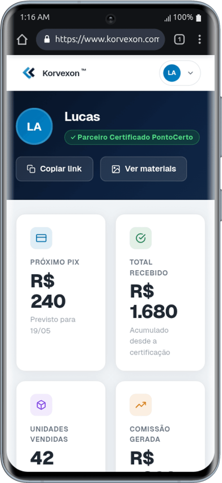 Dashboard do parceiro PontoCerto — visão mobile